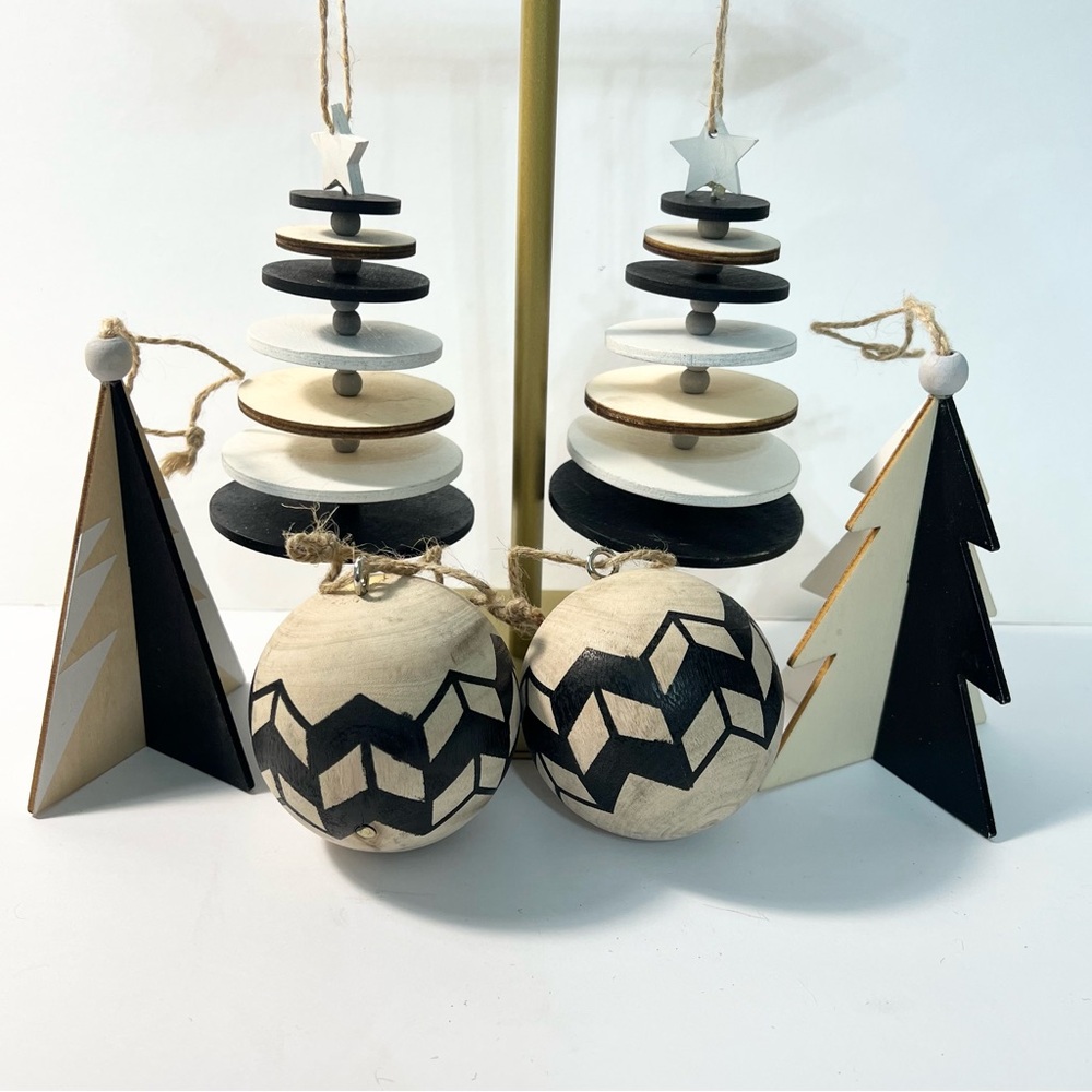 Modern Neutral Wooden Ornament Set - Minimalist Black & Natural Holiday Décor